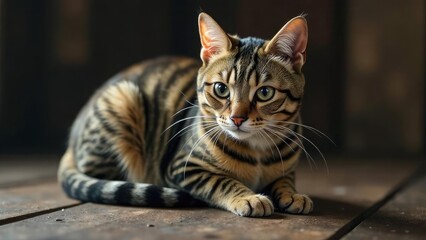 Obraz premium An adorable cat lies on a wooden floor, looking intently straight into the camera. Suitable for use in advertising, marketing materials, advertising of products for cats, banner, copy space, banner
