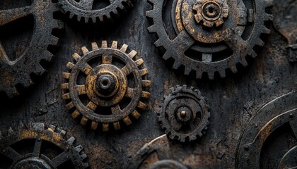 Metallic Industrial Background, Steampunk Gears And Cogwheels On Dark Aged Rustic Texture