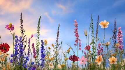 Colorful meadow full of wildflowers, gentle breeze movement in soft, artistic strokes