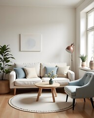 Scandinavian-inspired living room featuring a boucle sofa, soft textures, and a serene palette of blue tones.