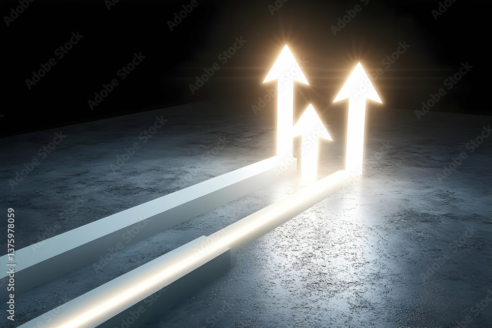 Poster a modern abstract representation of growth and progress with glowing arrows pointing upward in a dar
