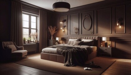 Dark bedroom interior layout in brown mocha mousse color
