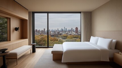 Stylish bedroom with a large window highlights an urban skyline and outdoor terrace, offering a serene escape in warm beige tones