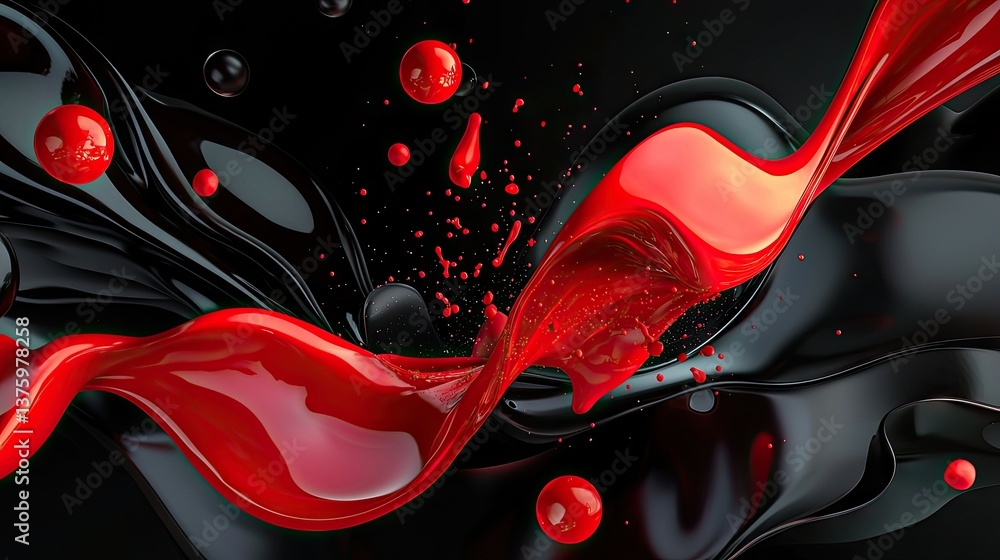 Poster dark and vibrant abstract pattern with red splashes blending into deep black shadows.