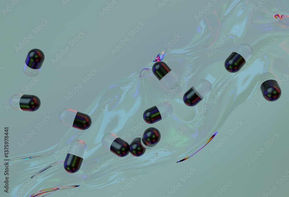 Poster Black and translucent capsules floating above an iridescent, fluid-like surface against a soft background, creating a modern and abstract digital illustration.
