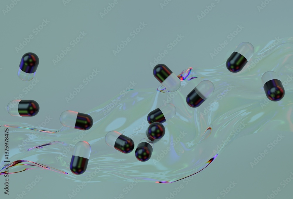 Poster Black and translucent capsules floating above an iridescent, fluid-like surface against a soft background, creating a modern and abstract digital illustration.