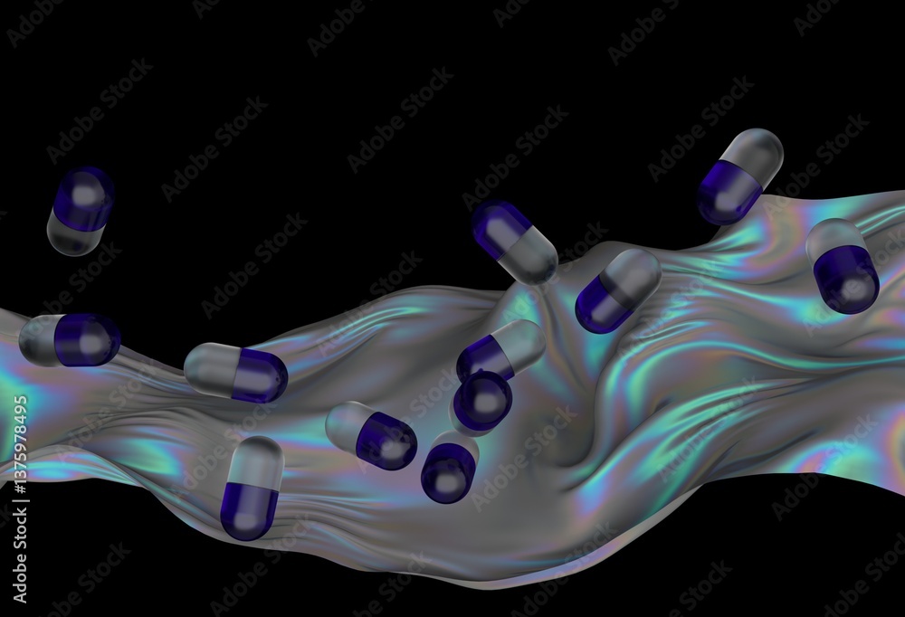 Poster floating blue capsules hover over a wavy, iridescent surface with a dark background, creating a surr