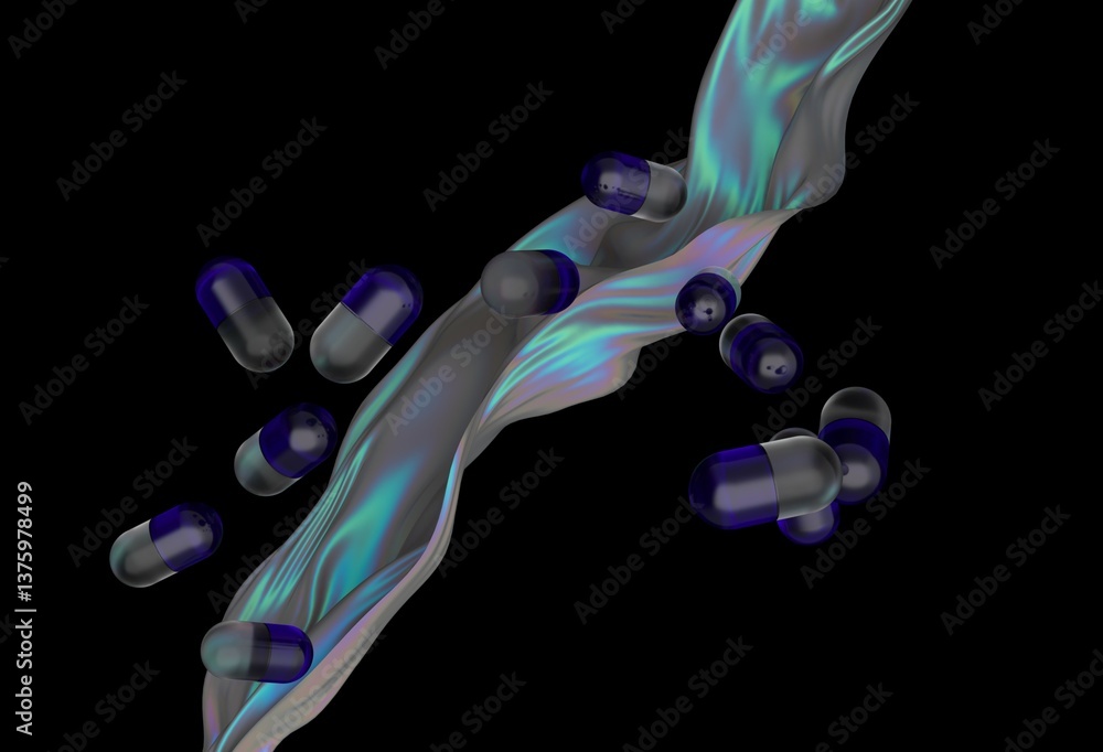 Poster Floating blue capsules hover over a wavy, iridescent surface with a dark background, creating a surreal and futuristic digital artwork.