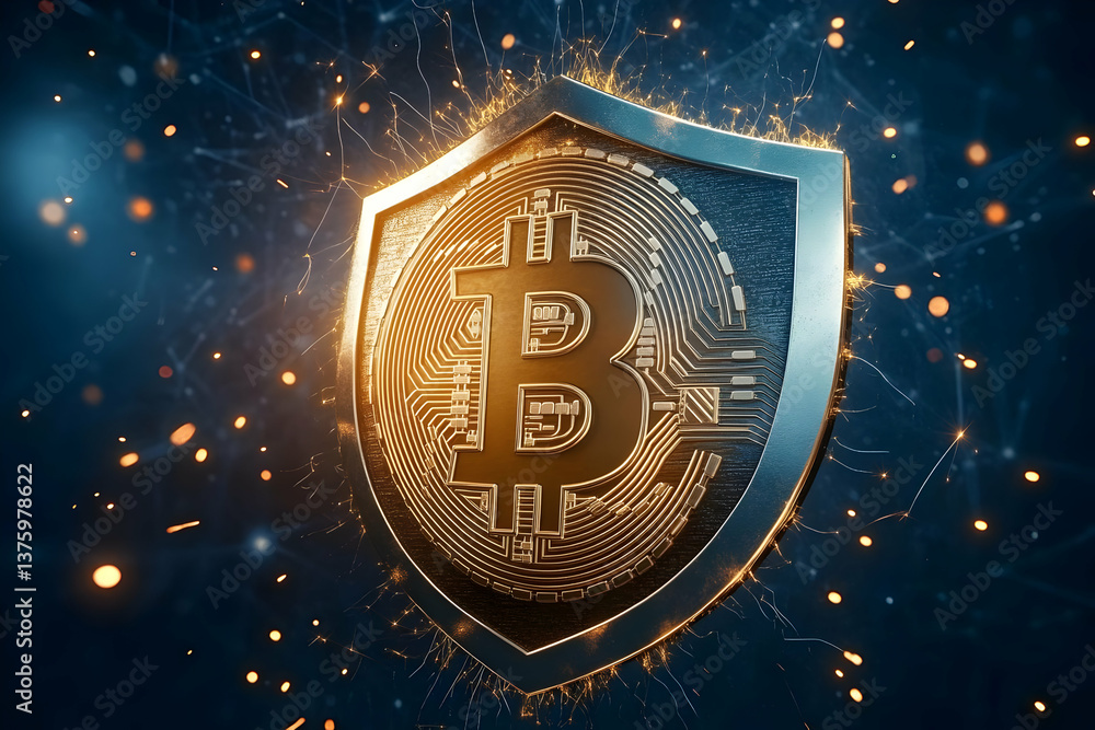 Poster a modern interpretation of the bitcoin symbol encapsulated within a shield, representing digital sec