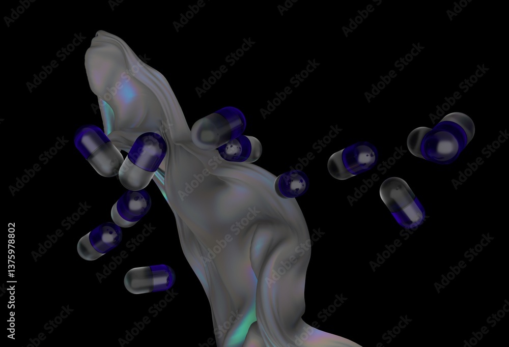 Poster floating blue capsules hover over a wavy, iridescent surface with a dark background, creating a surr