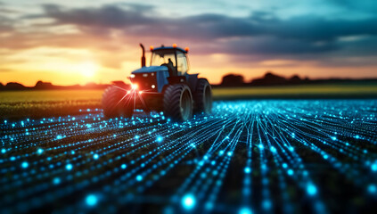 Fototapeta premium A modern tractor uses technology to enhance farming efficiency under a stunning sunset sky in a rural landscape.
