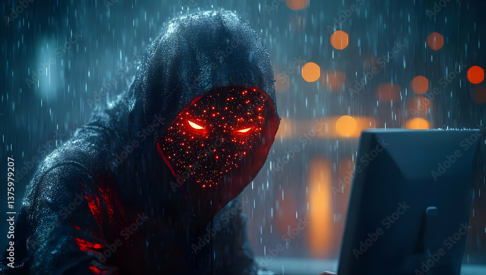 Poster a mysterious figure in a dark hoodie working on a computer while rain pours down, evoking a sense of