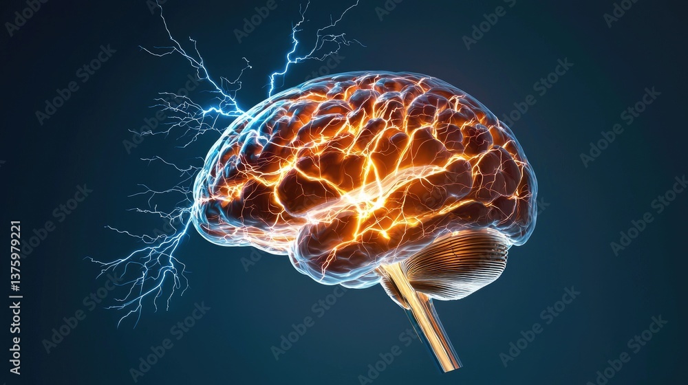 Poster digital rendering of brain with electric activity and lightning on plain background
