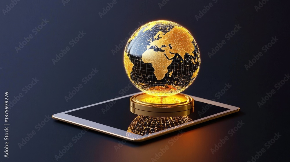 Poster digital tablet with global network visualization, data science background