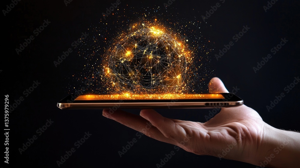 Poster digital tablet with global network visualization, data science background