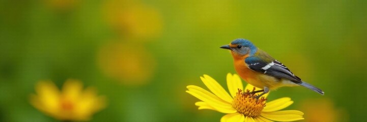 Naklejka premium Bird perched on a bright yellow flower, flora, spring, floral arrangement
