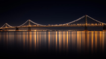 Fototapeta premium Illuminated Suspension Bridge Reflecting Over Water During Nighttime.