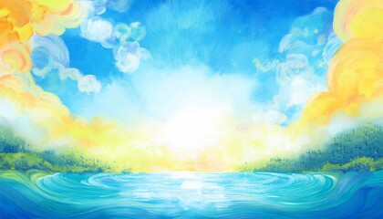 beautiful creative summer skyline border frame with bright colors, bright sun, swirly clouds, and blue sky with copy space, summertime concept graphic resource