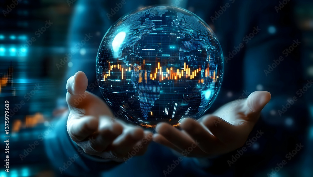 Poster a person holds a transparent globe displaying digital data, symbolizing innovation and global connec