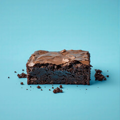 Delicious fudgy brownie on a blue backdrop, showcasing rich chocolate texture and a perfectly cracked top layer, ideal for dessert lovers and baking enthusiasts seeking sweet inspiration