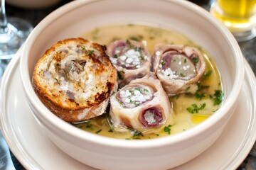 Delicious Rolled Meat Soup with Toasted Bread