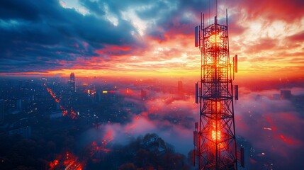 Fototapeta premium Beautiful sunset view from a high vantage point featuring a telecommunications tower illuminated against a colorful sky