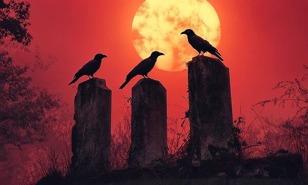 Three black crows sit on wooden posts with giant orange sun setting in background. Concept of omens and symbolism in nature