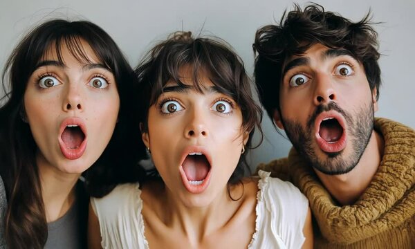 Surprised young woman with short dark hair reacts with wide eyes and open mouth, flanked by shocked friends. Concept of collective shock and emotion