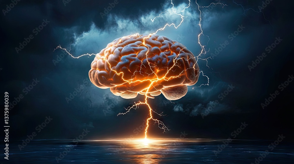 Poster electric brain pulses with neural energy and lightning strikes, simple backdrop