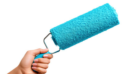 A vibrant hand holding a blue paint roller, perfect for home improvement isolated on white and transparent background, cut out png