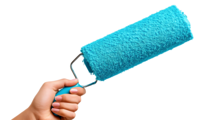 A vibrant hand holding a blue paint roller, perfect for home improvement isolated on white and transparent background, cut out png