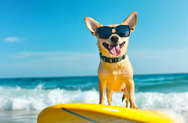 A playful dog wearing sunglasses happily stands on a surfboard at the beach, embodying fun and adventure in the sun.