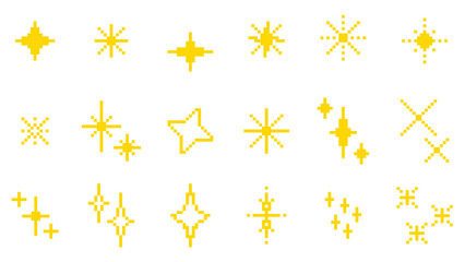 Pixel sparks, stars, shimmers, particles, glitter set. Retro style, yellow pixel game graphic elements clip art. Vector