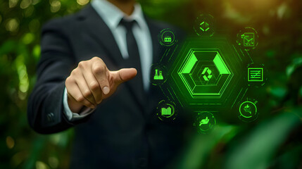 Green energy and carbon credit market concept, featuring a businessman pointing at a carbon credit icon