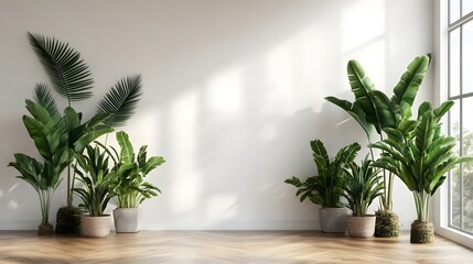 Obraz premium Green plants and wooden floor on a white wall background, tropical leaves, home interior design mock-up for product display presentation, empty space concept.