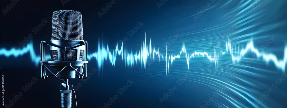 Poster a professional microphone with sound waves, symbolizing audio recording and broadcasting in a modern