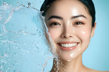 Naklejka premium A radiant woman smiles with a refreshing splash of water around her face, showcasing joy and beauty in a serene environment.