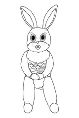 Black and white coloring page featuring an adorable Easter bunny holding a collection of decorated Easter eggs. Perfect for holidays fun and animal theme.