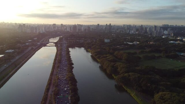 Amazing megalopolis S&atilde;o Paulo Latin America with sunrise on the Pinheiros River along the marginal highway