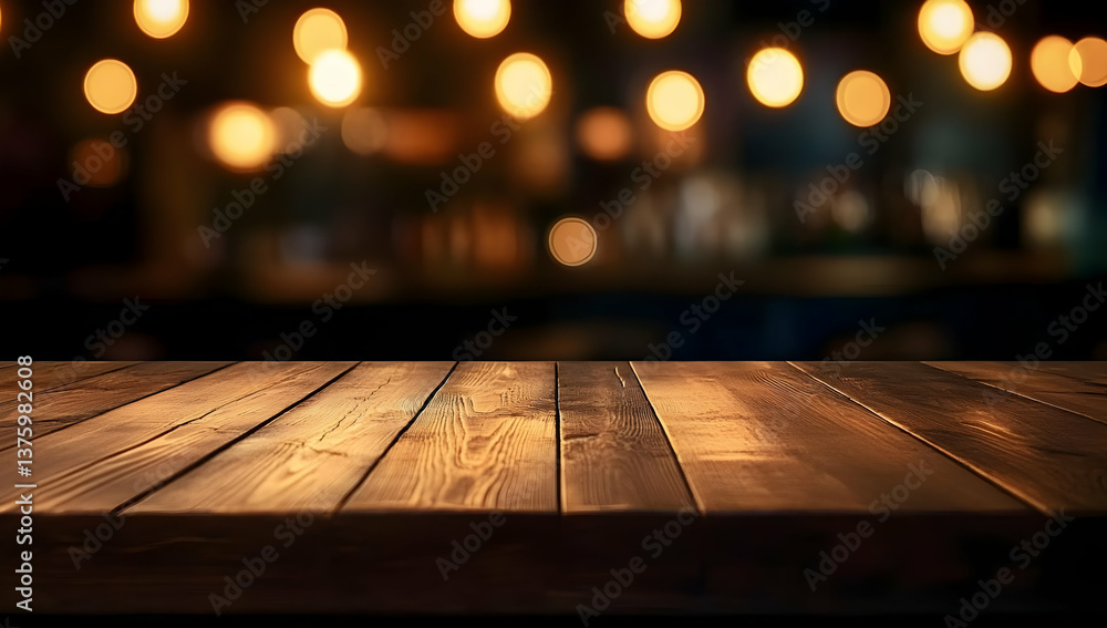 Poster a rustic wooden table with soft bokeh lights in the background, perfect for displaying food or drink