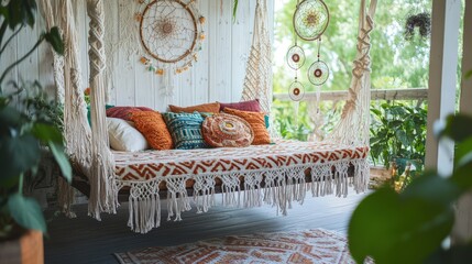 A beautiful and inviting bohemian style swing bed on a porch
