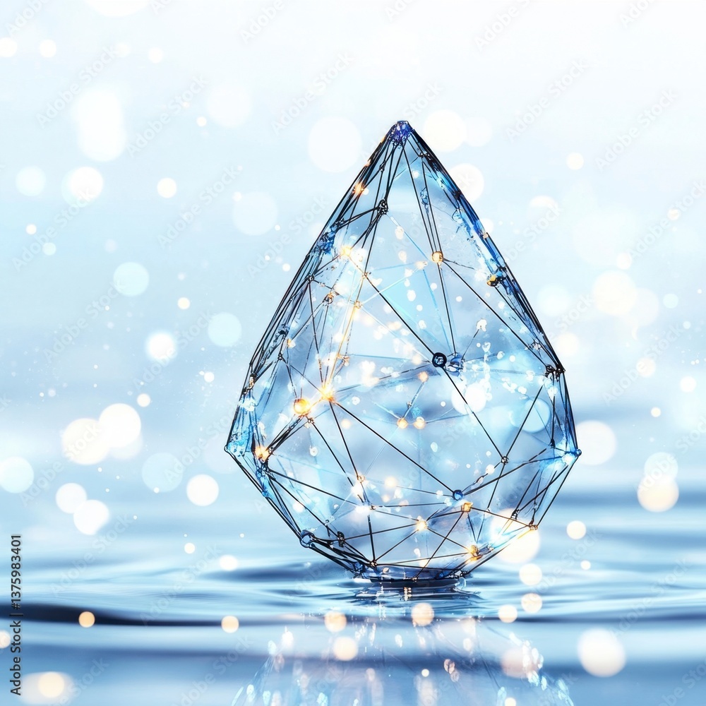 Poster abstract teardrop shaped crystal with glowing lines floats on a calm blue water surface, bokeh light