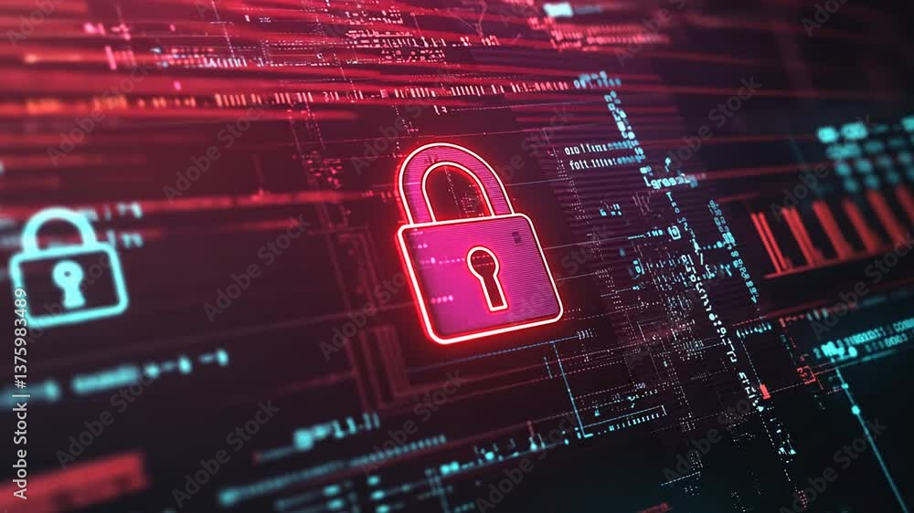 Poster red neon padlock symbol glowing amidst digital data streams representing cybersecurity