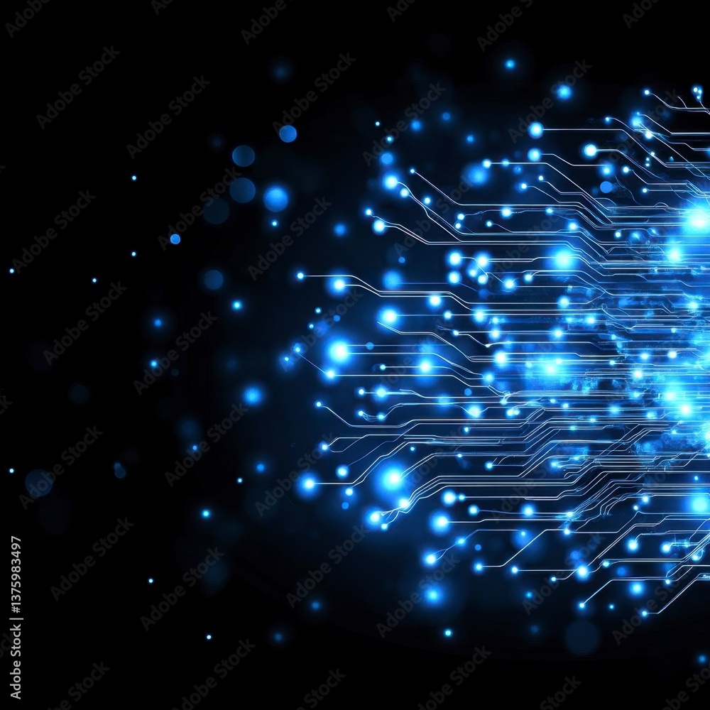 Poster abstract background with glowing blue lines and bokeh lights on a black background. the lines radiat