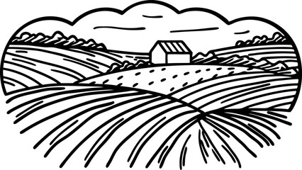 Rural farm landscape drawing with rolling fields and barn under cloudy sky