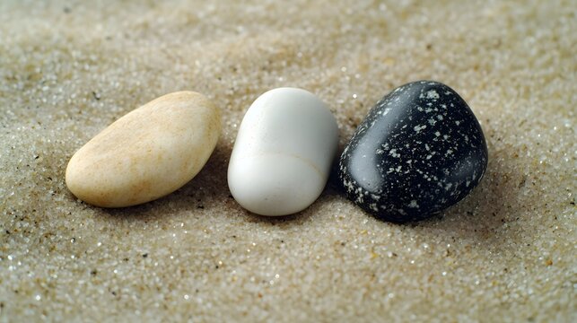Zen Stones on Sand,  Beige, White, Black Smooth Pebbles Beach Relaxation Minimalist Background
