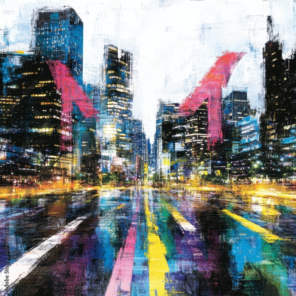Poster abstract cityscape at night with vibrant colors and dynamic lines suggesting upward movement. the im