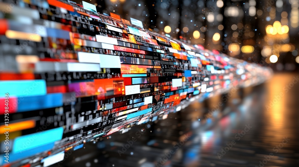 Poster abstract digital data stream flowing through a city at night, showcasing colorful rectangular blocks
