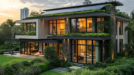 Obraz premium Modern luxury home with green roof and solar panels at sunset.