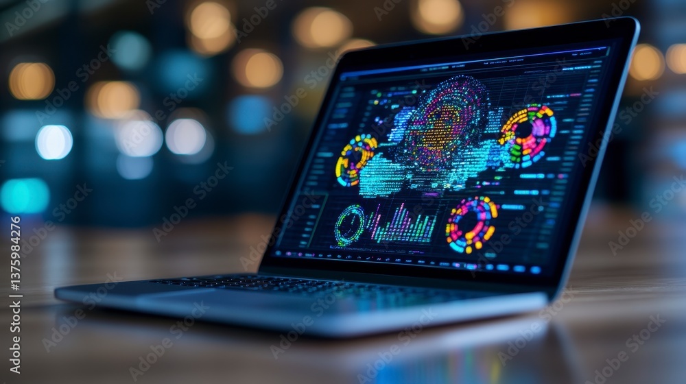 Aufkleber laptop displaying abstract data visualizations with vibrant colors on a dark wooden table, blurred c
